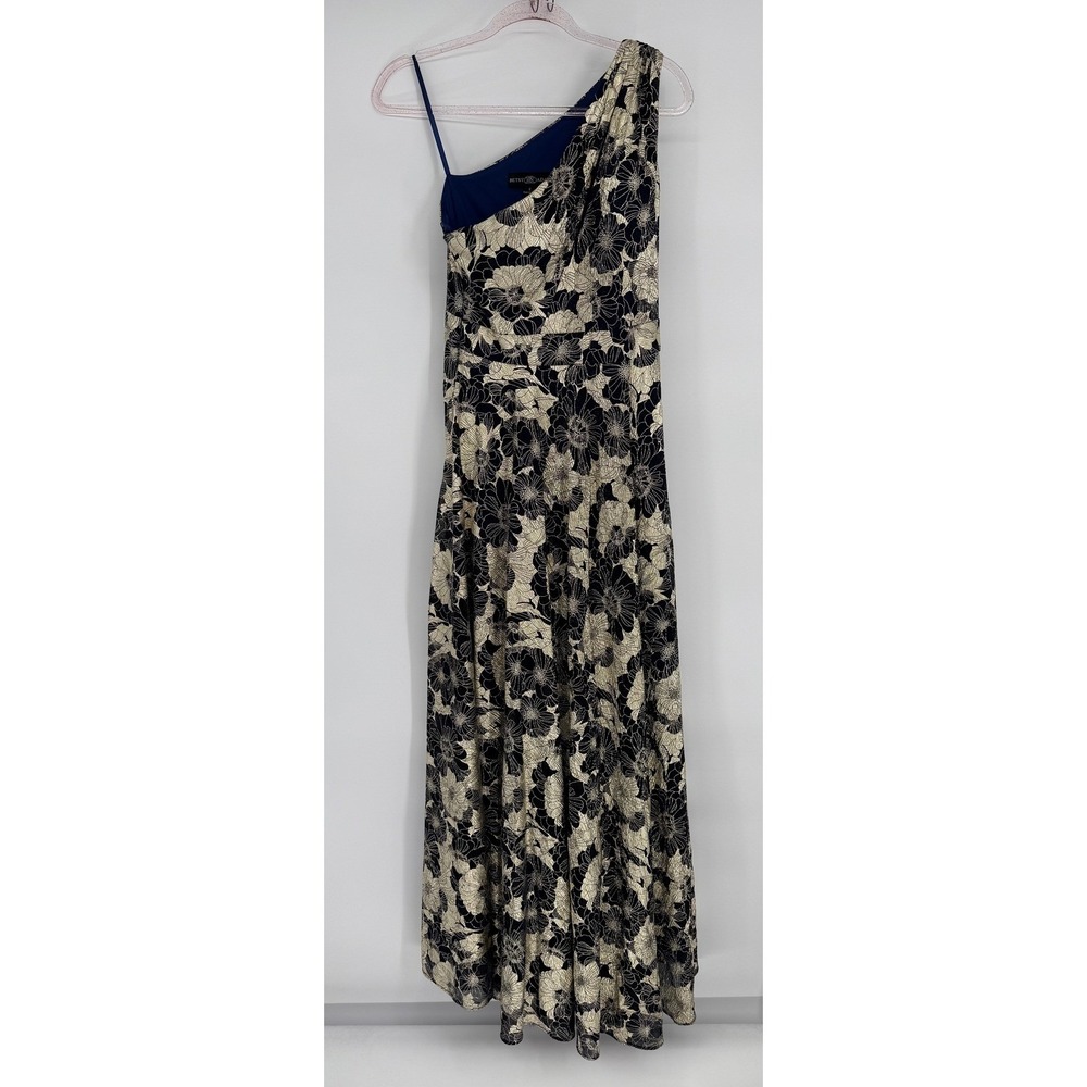 Betsy & Adam One-Shoulder Black and Cream Maxi Dress